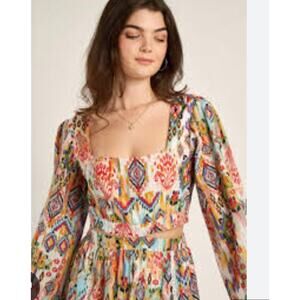 En Creme Womens S multicolor long sleeve aztec print square crop top blouse NWT